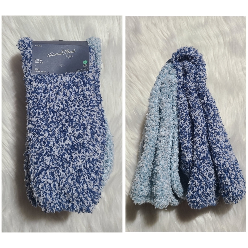 Universal Thread|Fuzzy Blue Crew Socks (2), Sz 4-10